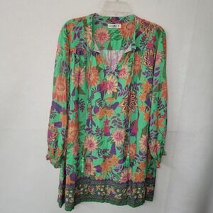 Natural Life Dress Medium Green Floral Print Long Sleeve Boho Tunic Hippie Rayon